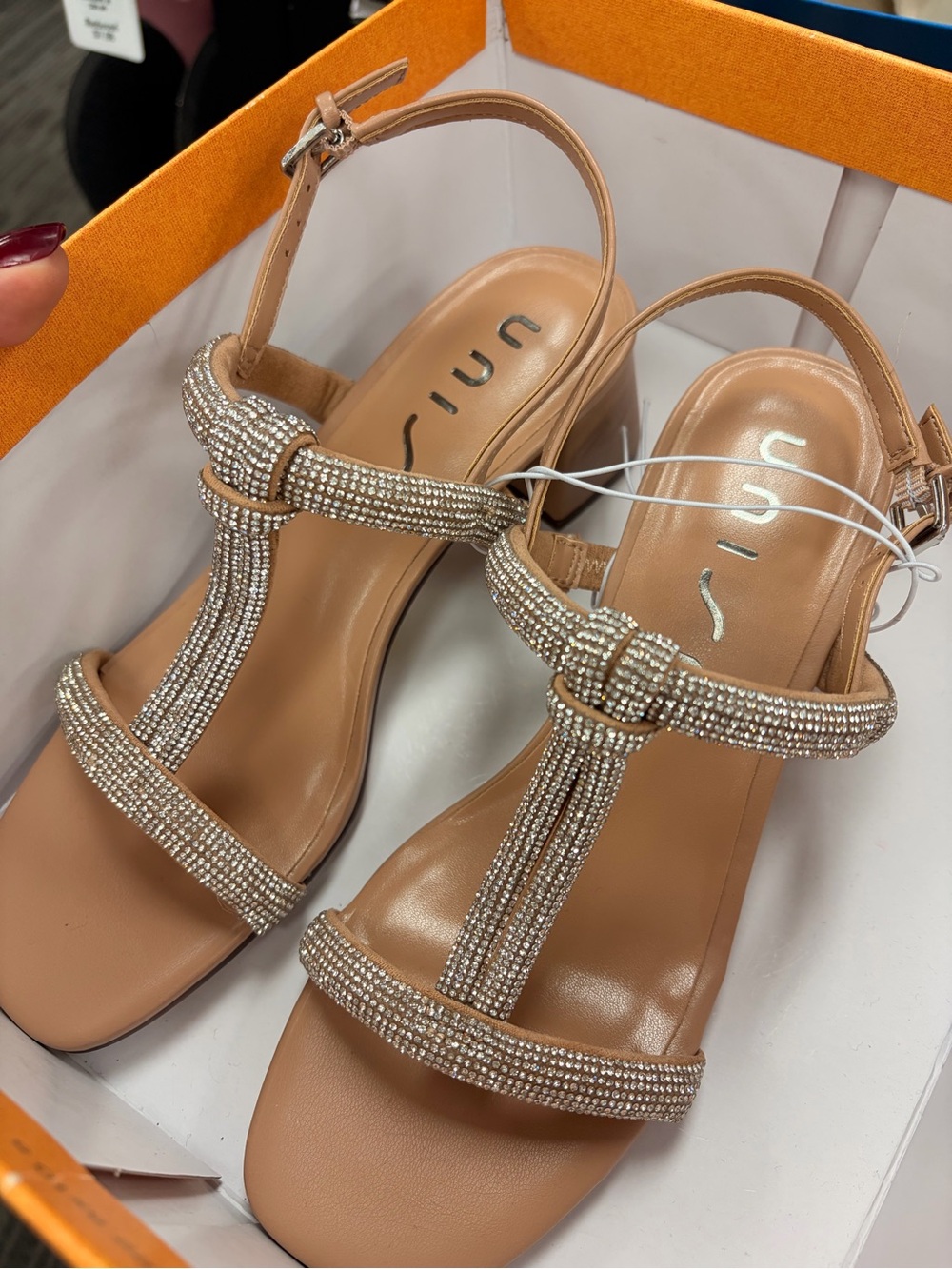 Unisa Nude/Tan Crystal T-Strap Heels